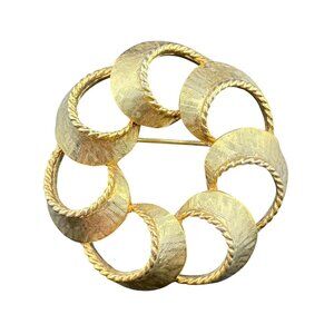 Gold-Tone Textured Interlocking Circle Vintage Brooch Pin With Rope Trim Detaili